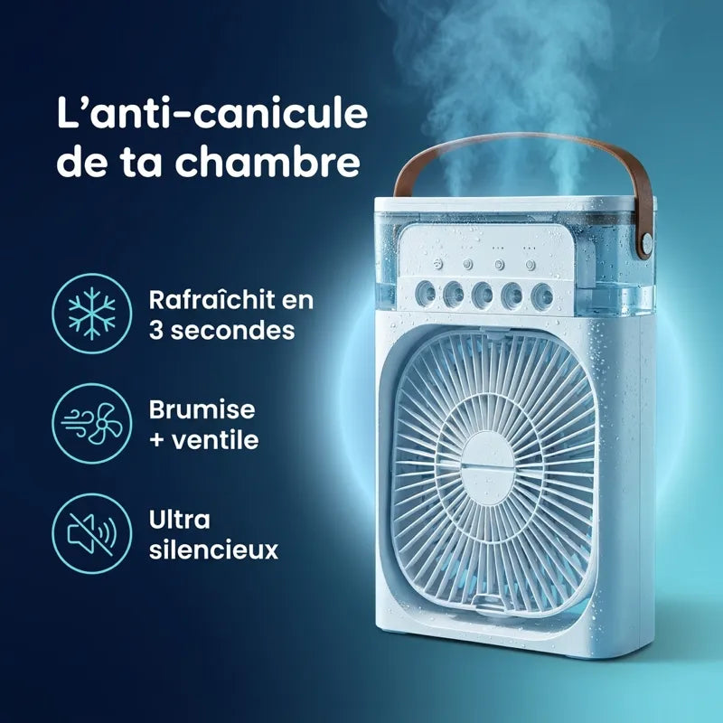 Rafraîchisseur d'air Brisenuit 3-en-1 posé sur une table de chevet, l'anti-canicule de la chambre